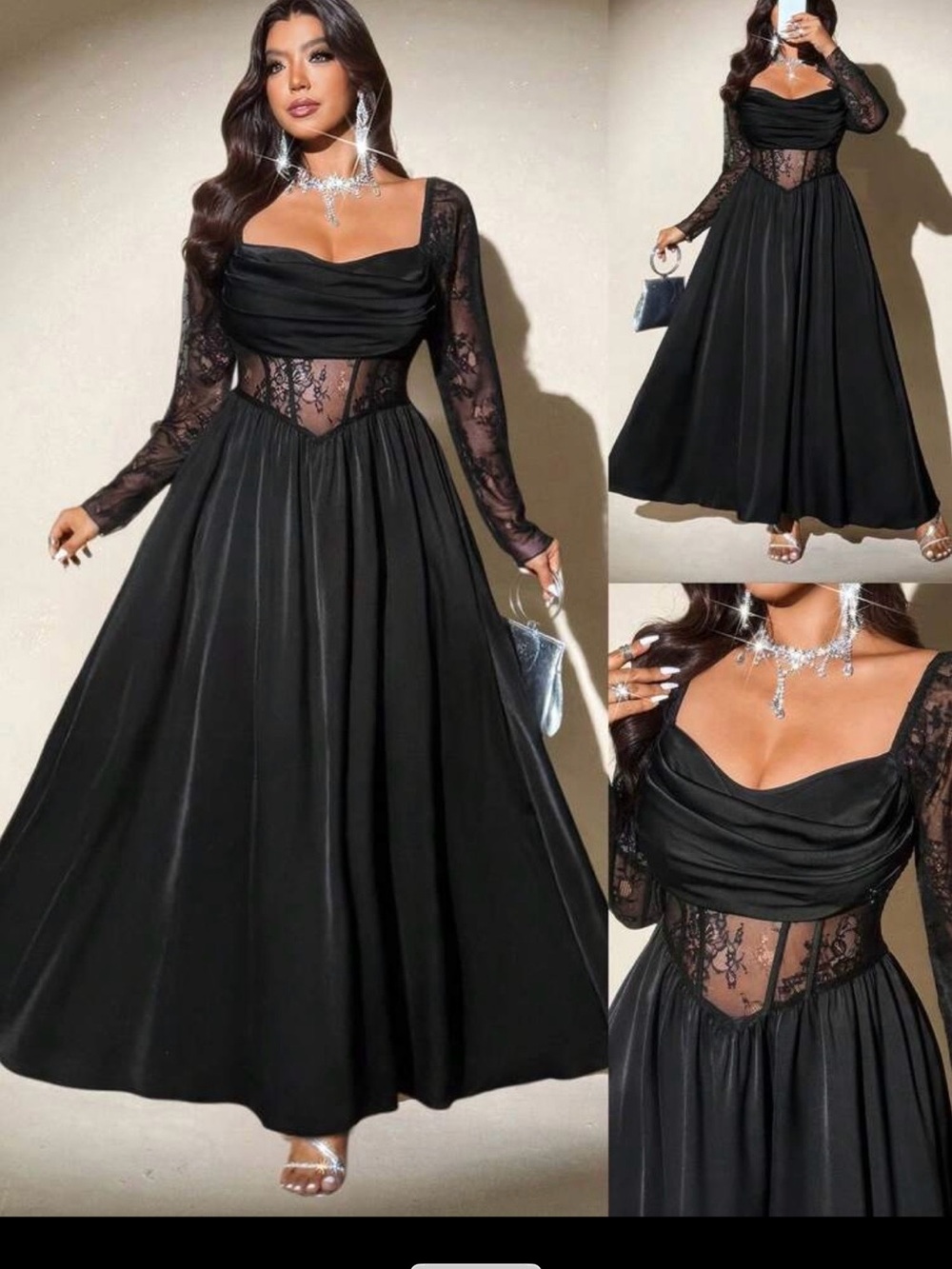 Elegant Black Lace Long-Sleeve Evening Dress !!never use !!